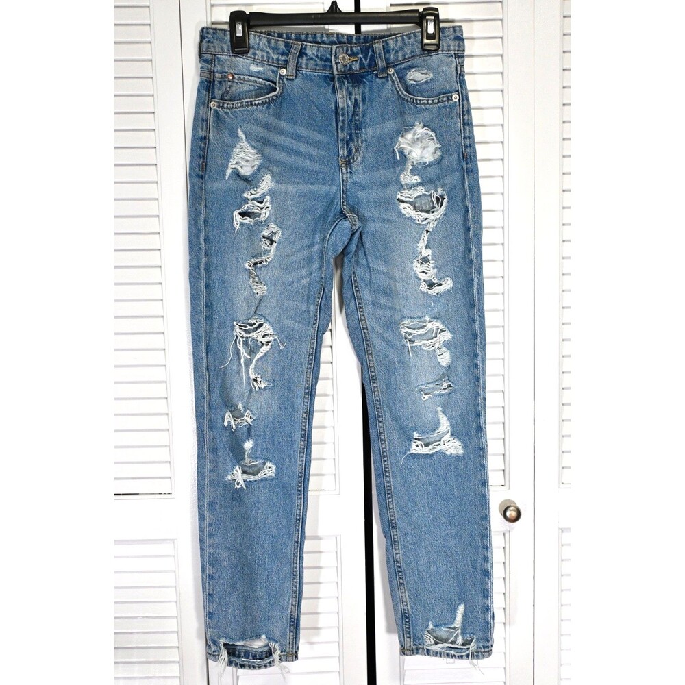 H&M &Denim Boyfriend Jeans Ripped Distressed Blue Low Waist Denim EU 36 US 4